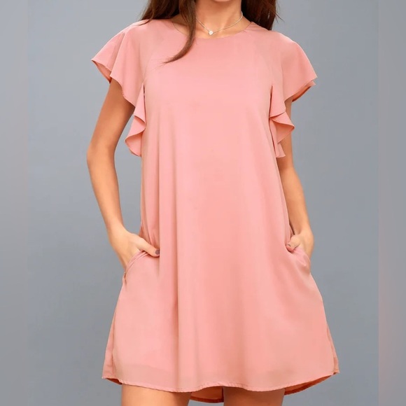 Lulus Dress Lookin' Cute Mauve Pink Short Flutter Sleeve Shift Lined Dress - Picture 1 of 6